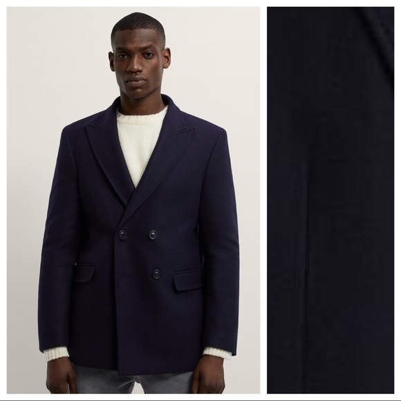 NWOT. Zara Man Navy Blue Double-Breasted Wool Blend Blazer. Size M.